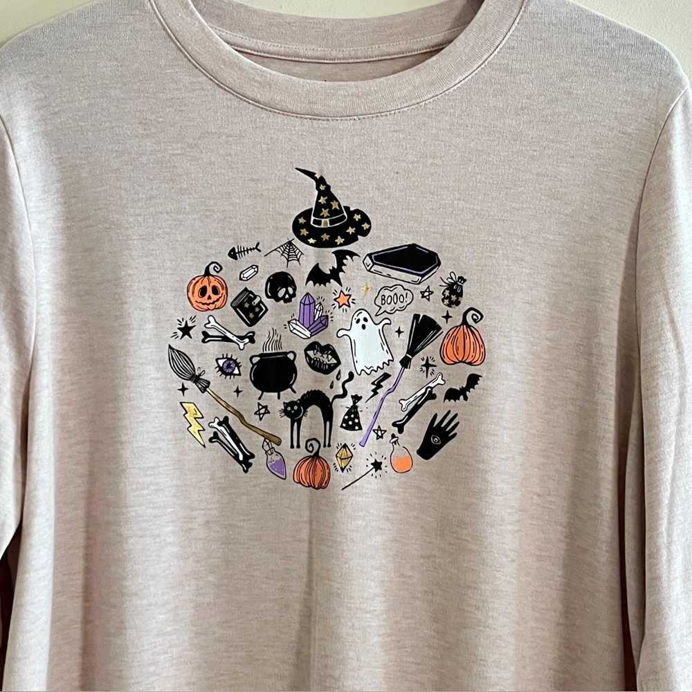 Celebrate! Halloween Knit Comfort Top XL Long Sleeve Cat Pumpkins Crystals Cozy